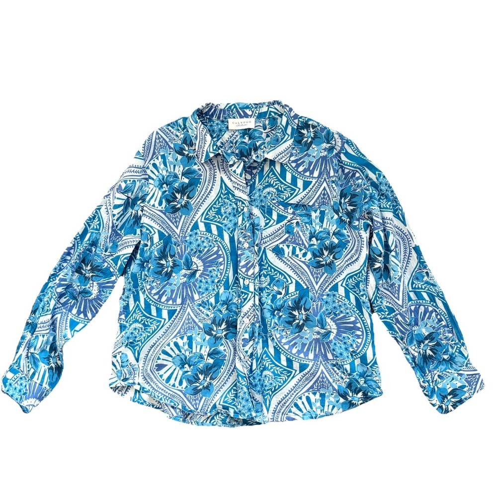 Calypso St Barth Long Sleeve Button Up Womens Medium Resortwear Travel Blue